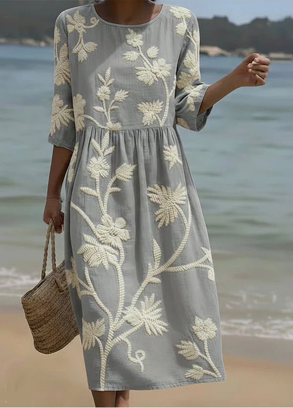 Women's Linen Midi Dress Floral Print
