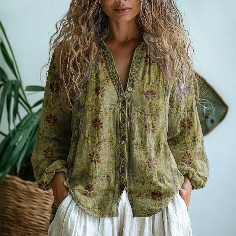 Women's Vintage Leaf Print Button-Down Shirt