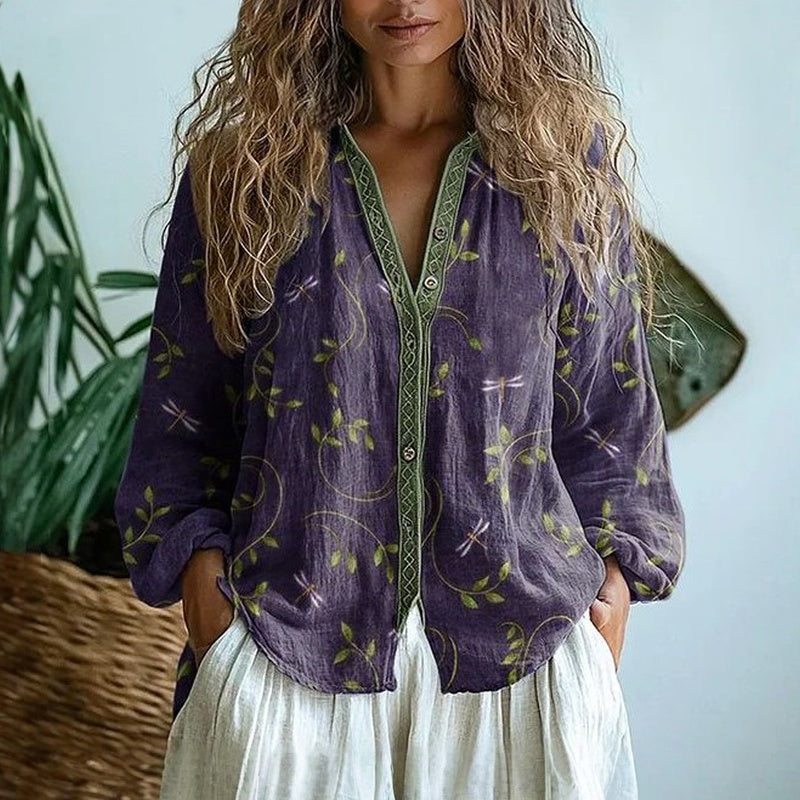 Women's Vintage Leaf Print Button-Down Shirt