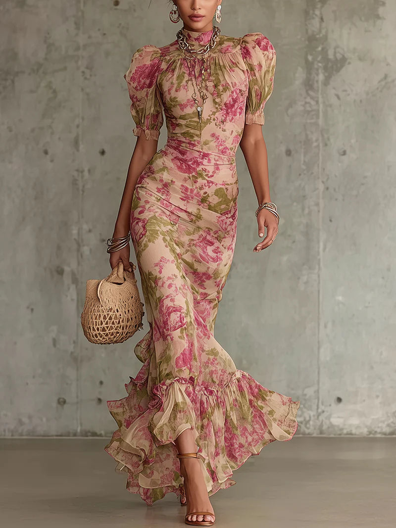 Demi | Women's Maxi Dress Puff Sleeve Floral Print 0