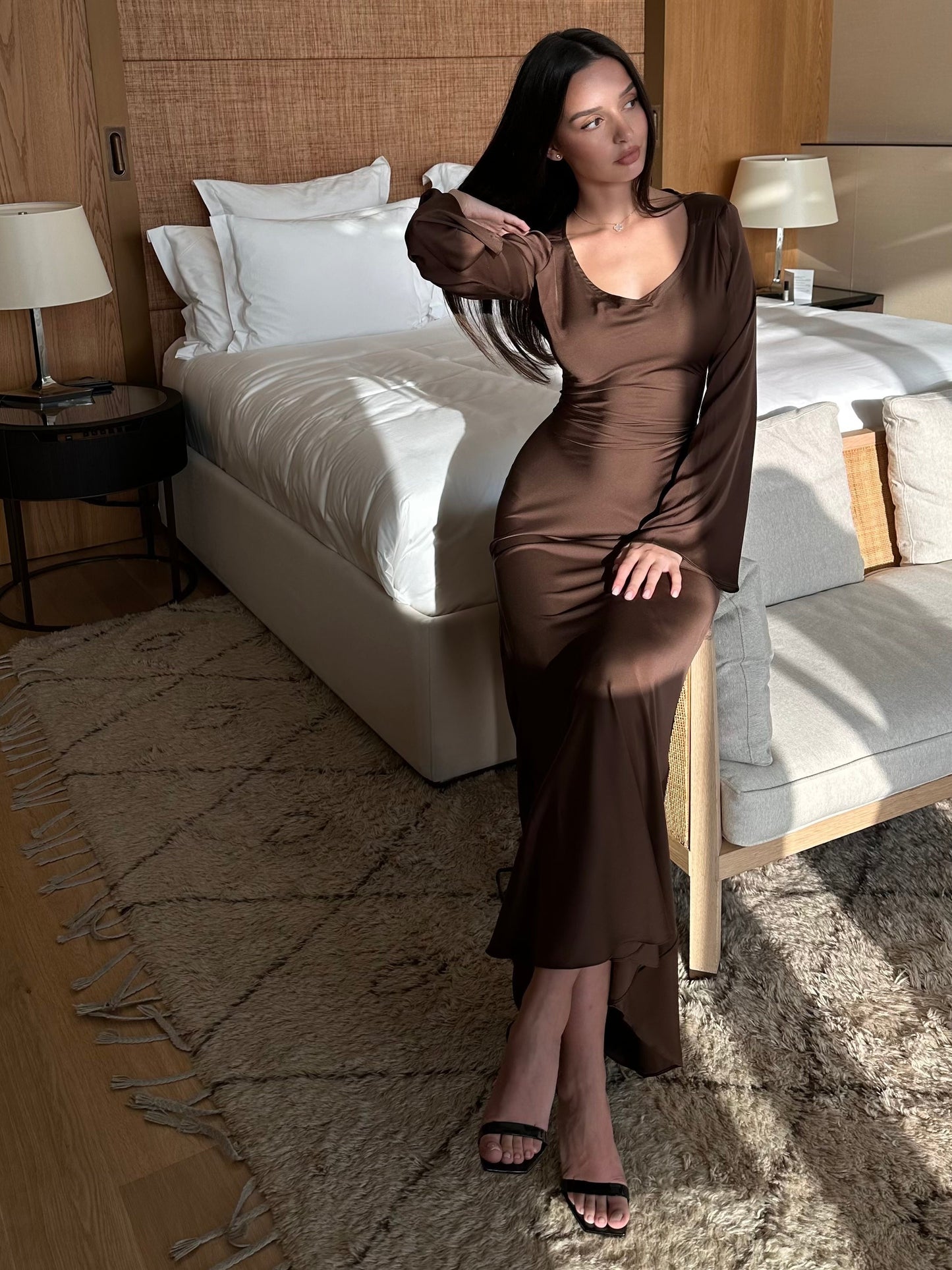 Women's Satin Maxi Dress Long Sleeve