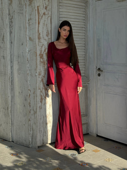 Women's Satin Maxi Dress Long Sleeve