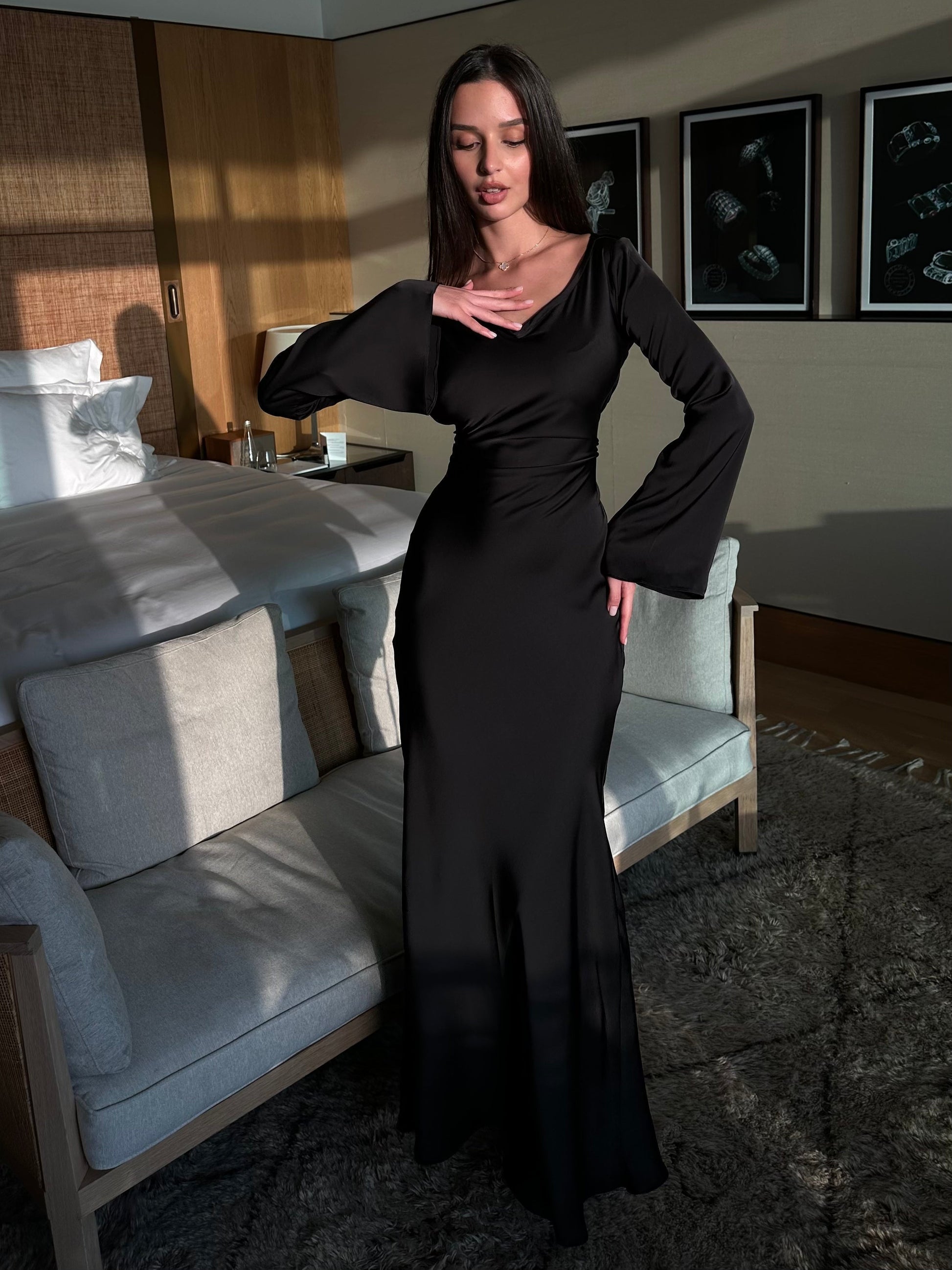 Women's Satin Maxi Dress Long Sleeve