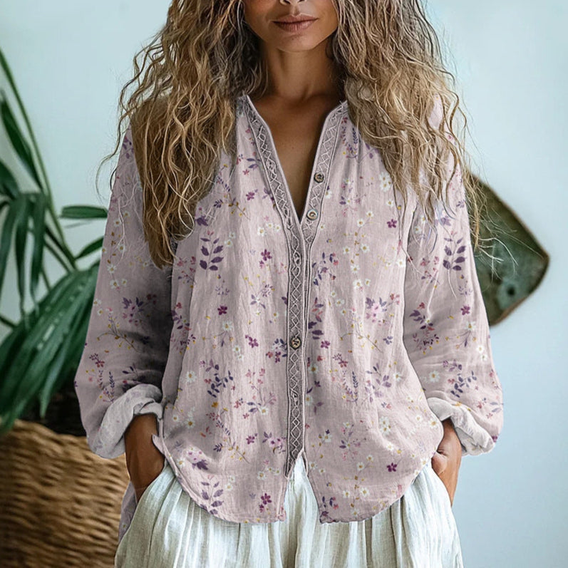 Women's Vintage Leaf Print Button-Down Shirt