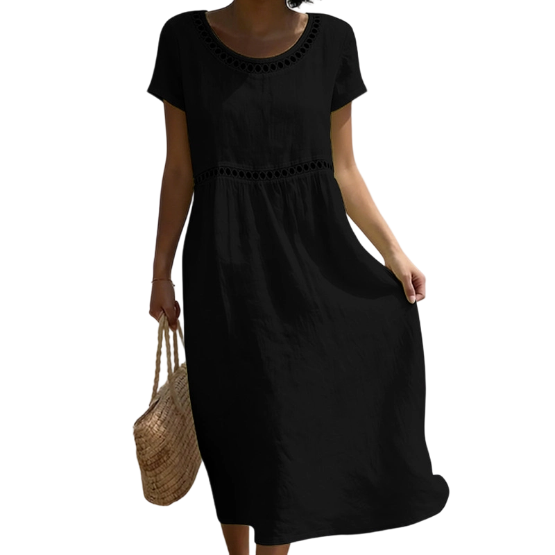 Women's Linen Midi Dress Lace Trim