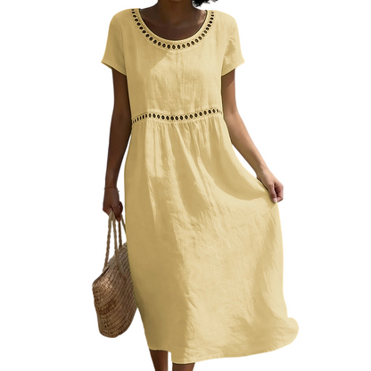 Women's Linen Midi Dress Lace Trim