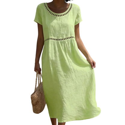 Women's Linen Midi Dress Lace Trim