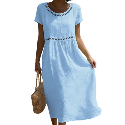 Women's Linen Midi Dress Lace Trim