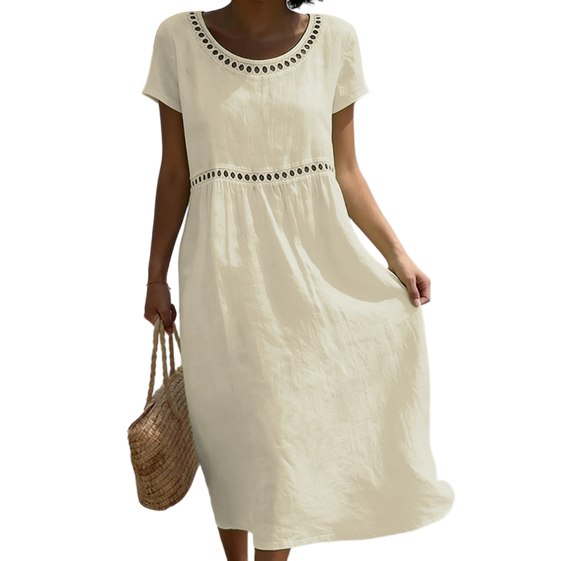 Women's Linen Midi Dress Lace Trim