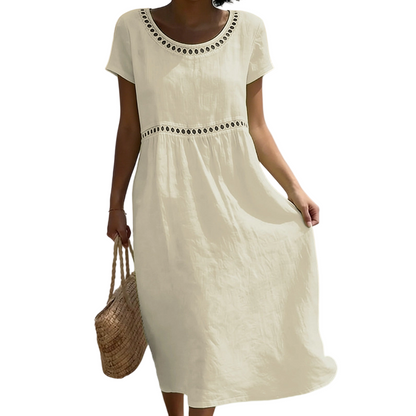 Women's Linen Midi Dress Lace Trim