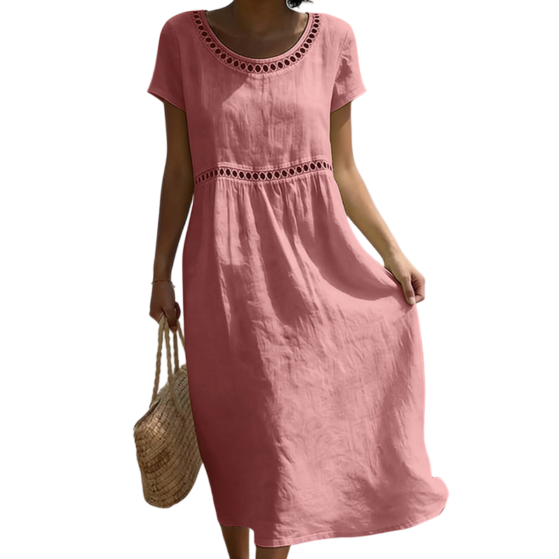 Women's Linen Midi Dress Lace Trim