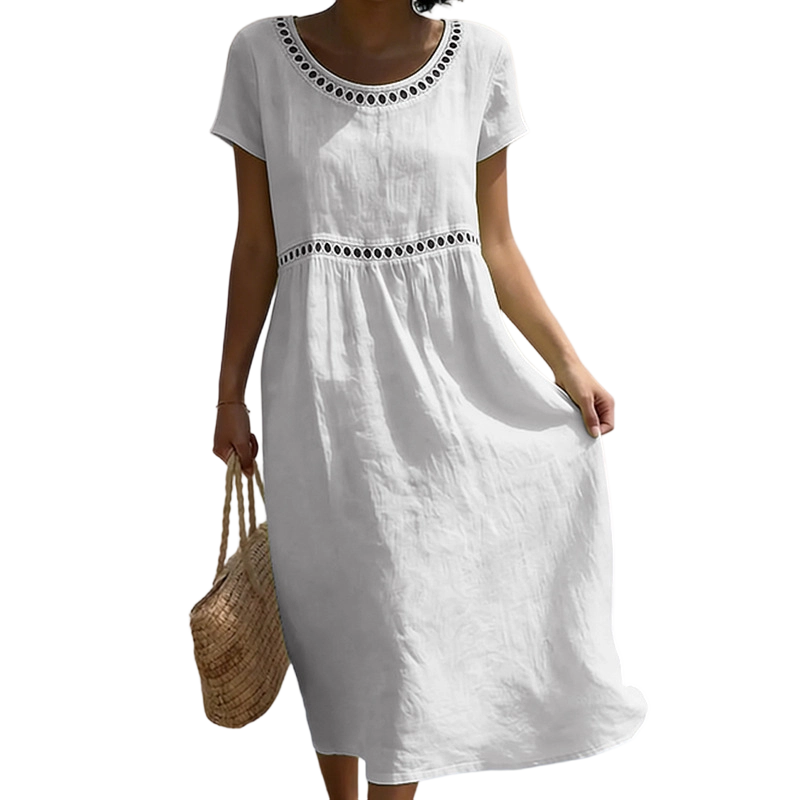 Women's Linen Midi Dress Lace Trim