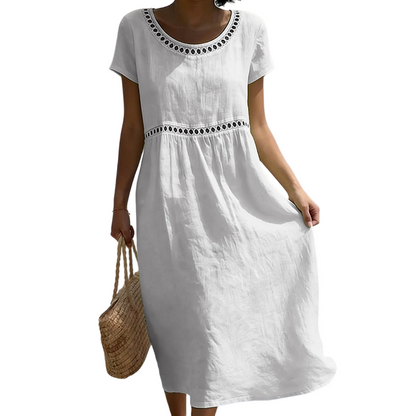 Women's Linen Midi Dress Lace Trim