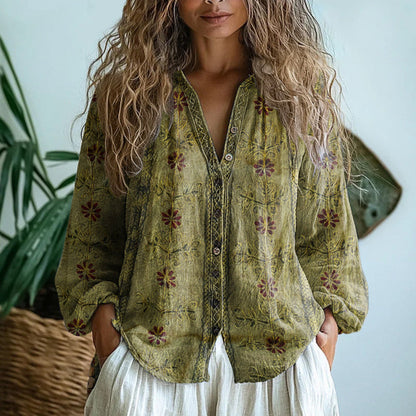 Women's Vintage Leaf Print Button-Down Shirt