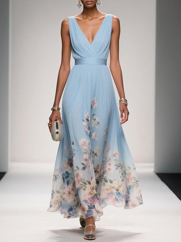 Women's Floral Print V-Neck Maxi Dress