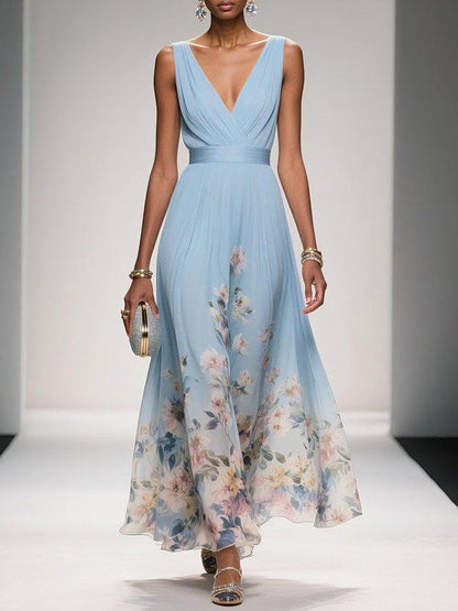 Women's Floral Print V-Neck Maxi Dress