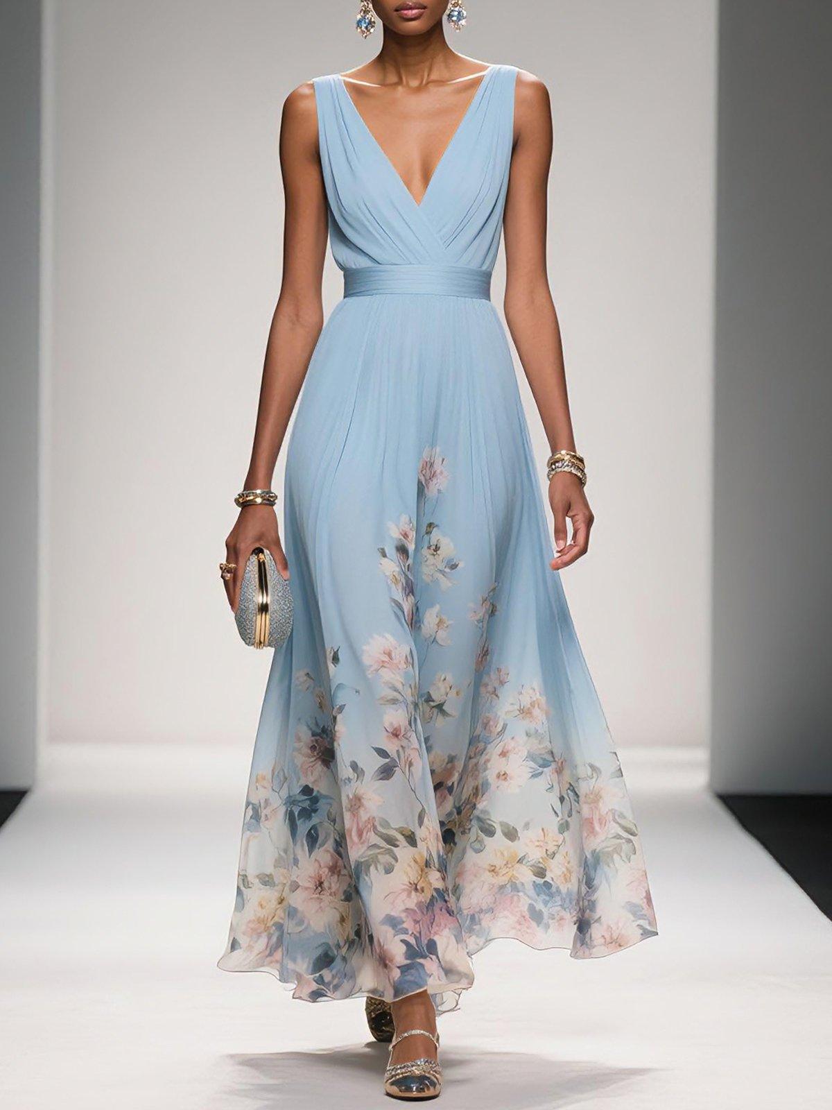 Women's Floral Print V-Neck Maxi Dress