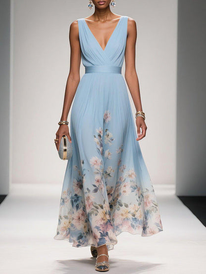 Women's Floral Print V-Neck Maxi Dress