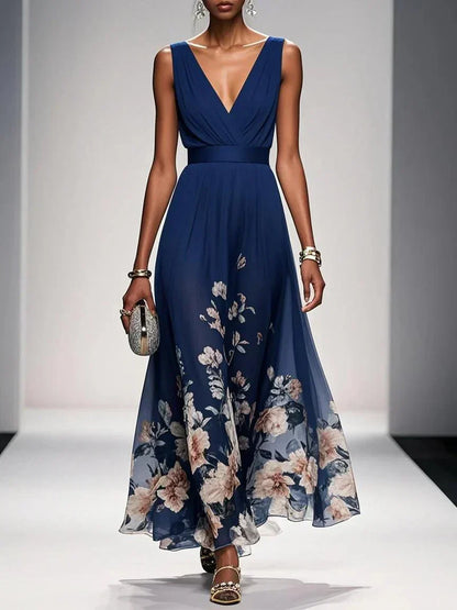 Women's Floral Print V-Neck Maxi Dress