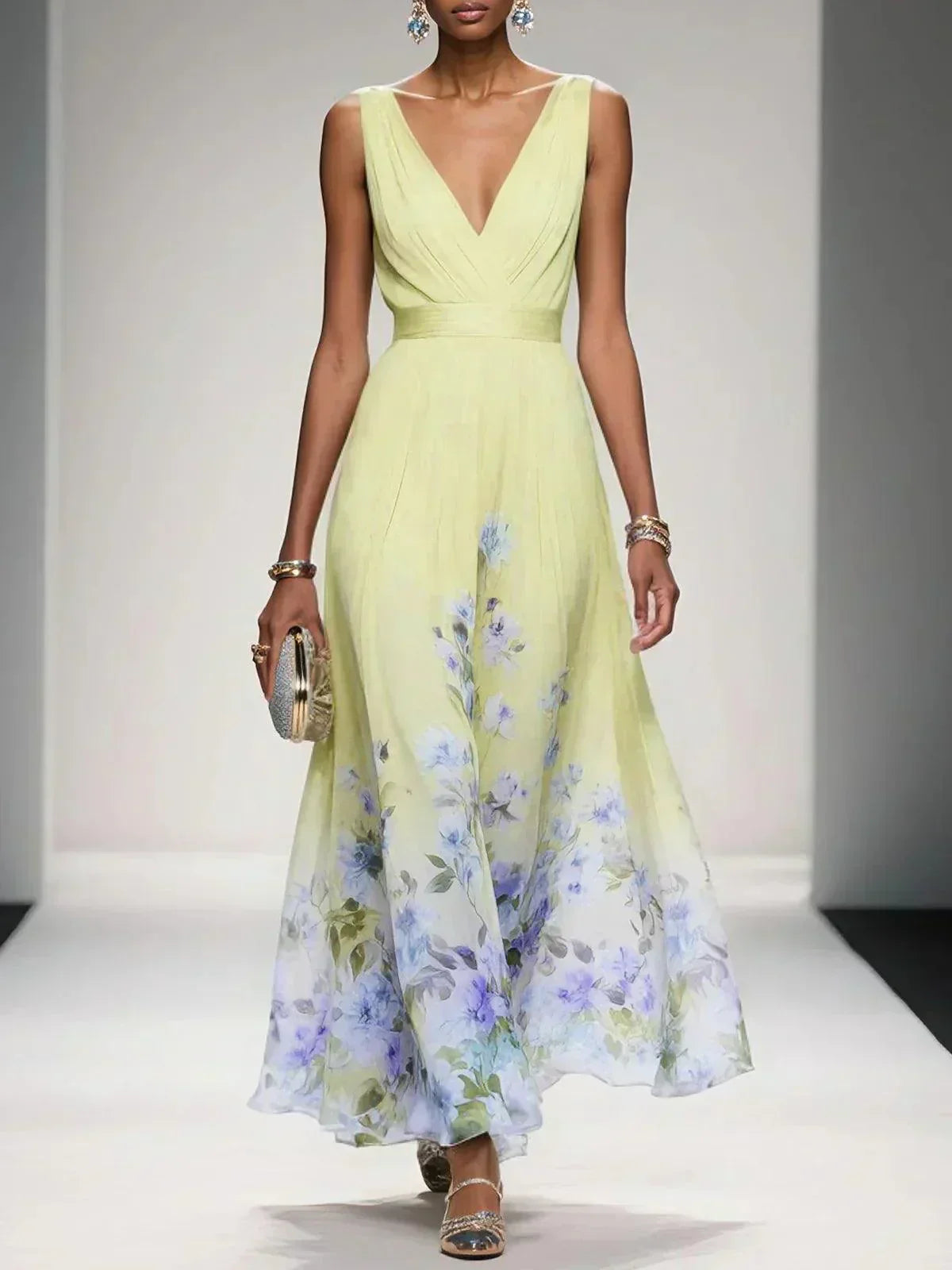Women's Floral Print V-Neck Maxi Dress
