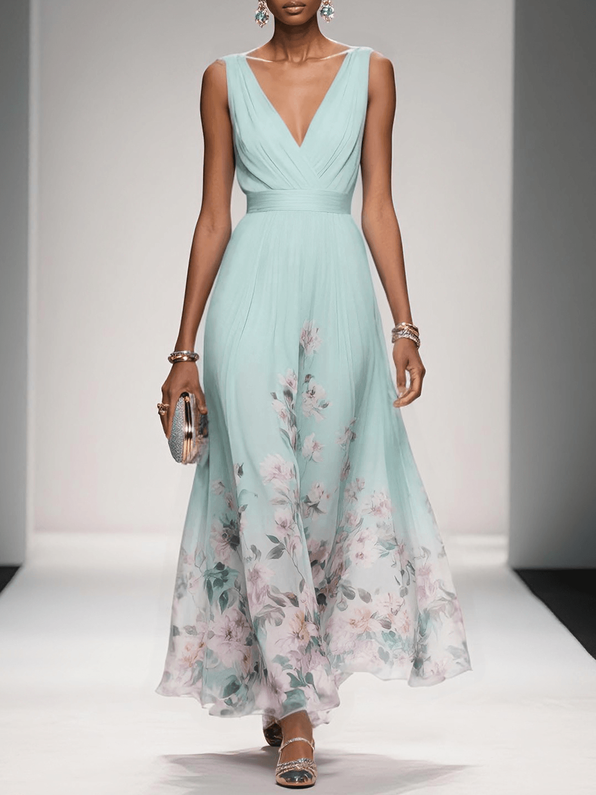 Women's Floral Print V-Neck Maxi Dress