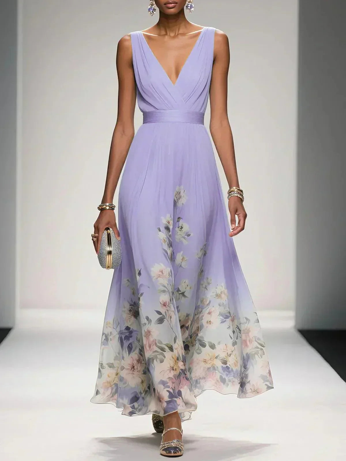 Women's Floral Print V-Neck Maxi Dress