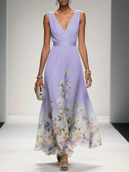 Women's Floral Print V-Neck Maxi Dress