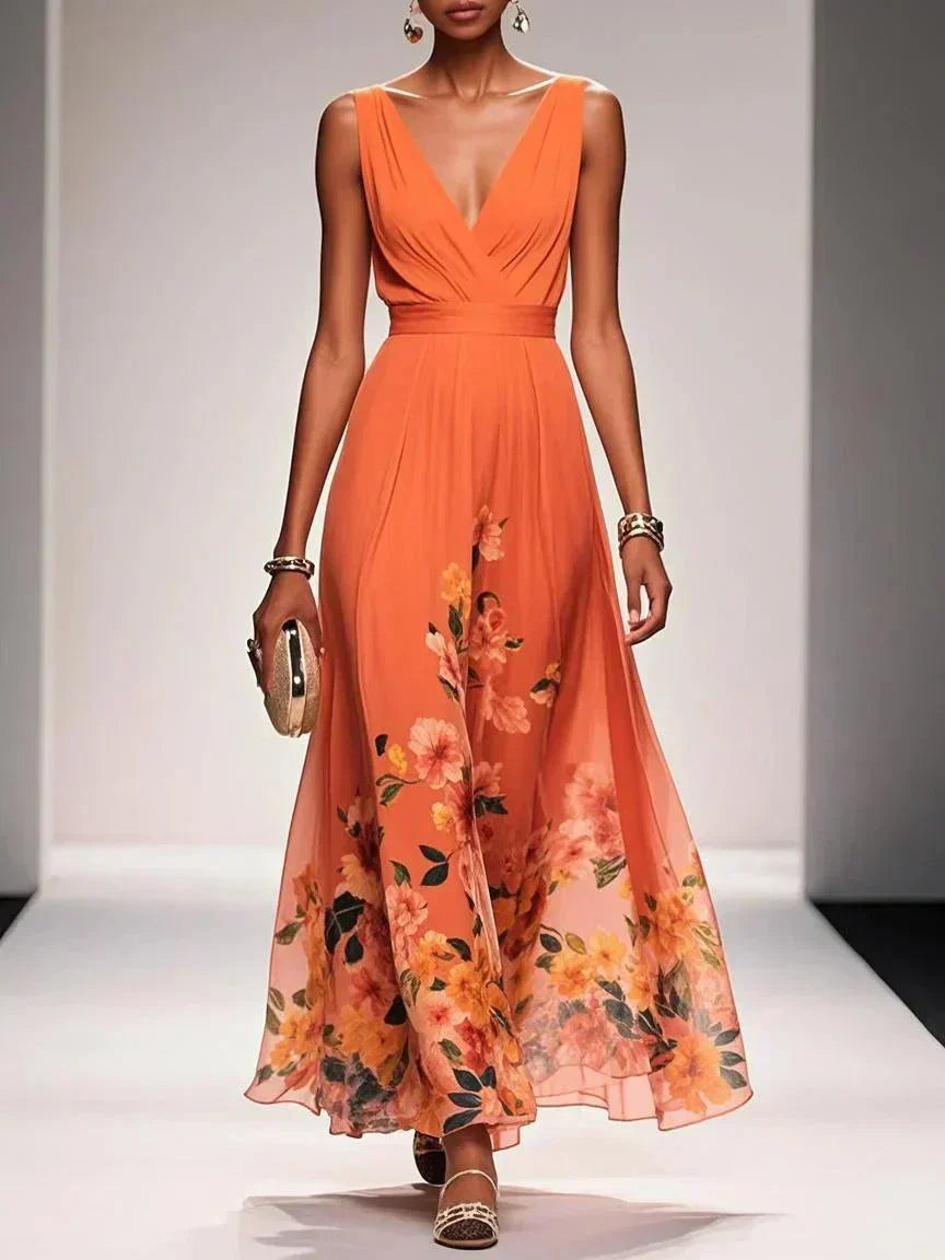 Women's Floral Print V-Neck Maxi Dress