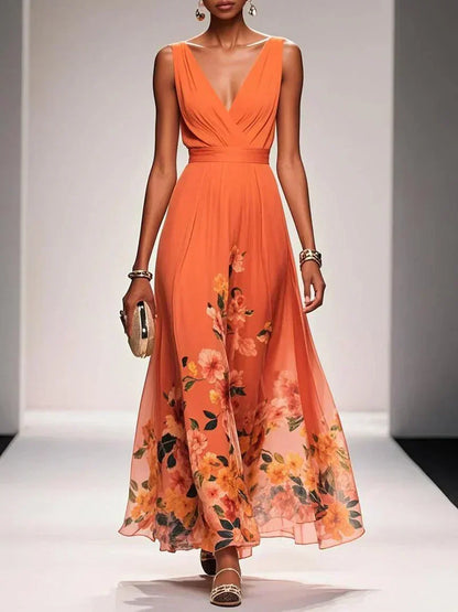 Women's Floral Print V-Neck Maxi Dress
