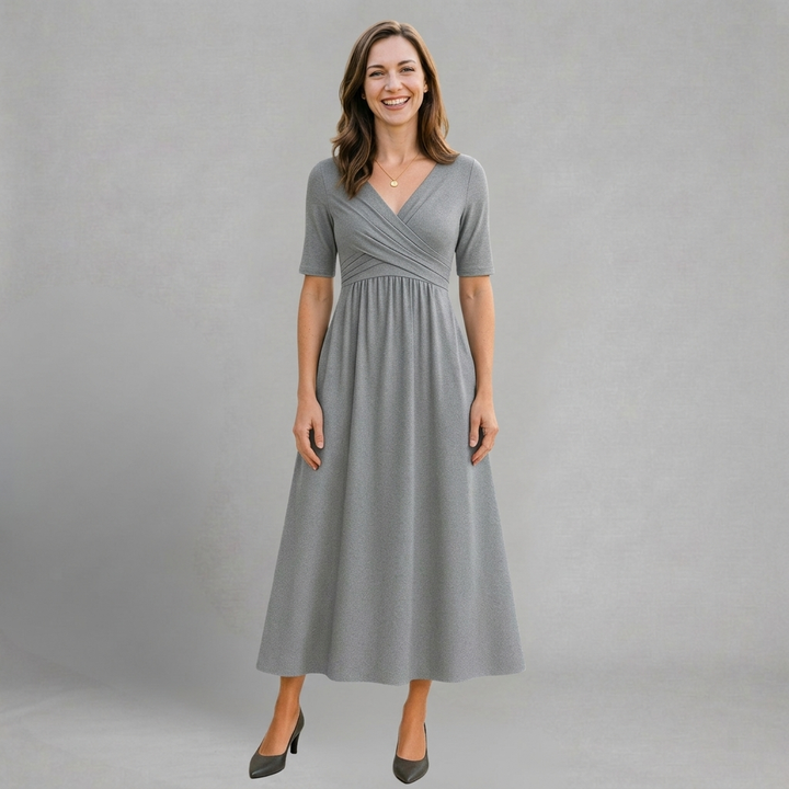 Elmira - Elegant midi dress with wrap neckline