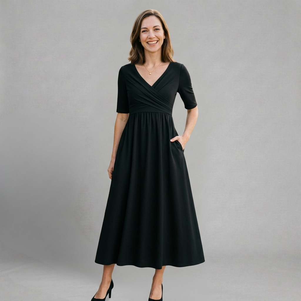Elmira - Elegant midi dress with wrap neckline