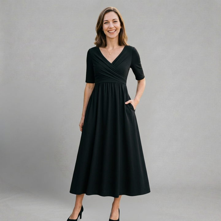Elmira - Elegant midi dress with wrap neckline