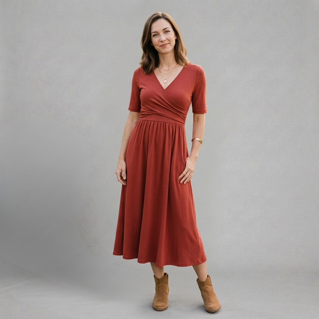 Elmira - Elegant midi dress with wrap neckline