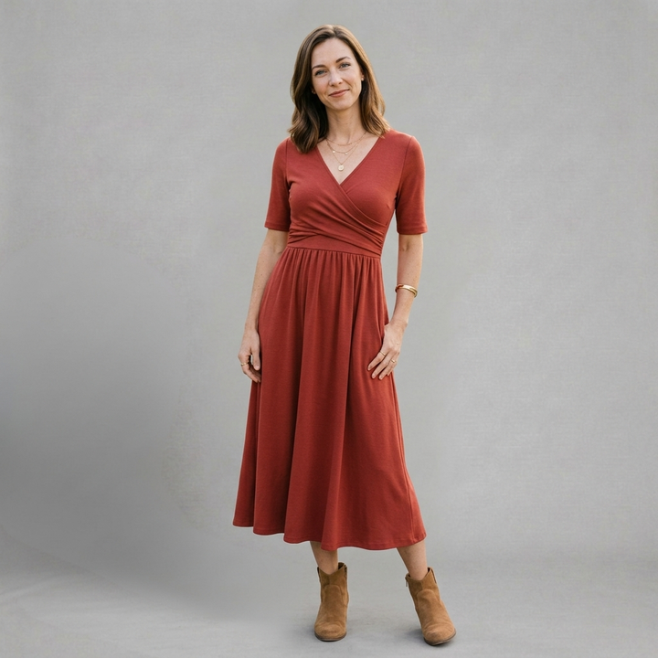 Elmira - Elegant midi dress with wrap neckline