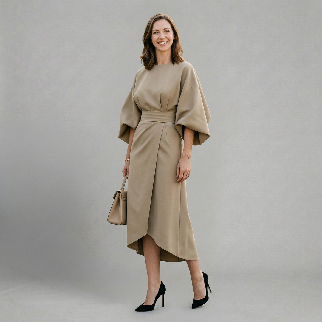 Savannah - Elegant midi dress with statement sleeves and refined silhouette