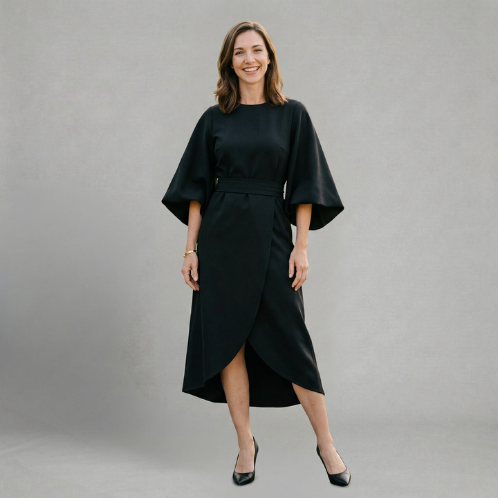 Savannah - Elegant midi dress with statement sleeves and refined silhouette