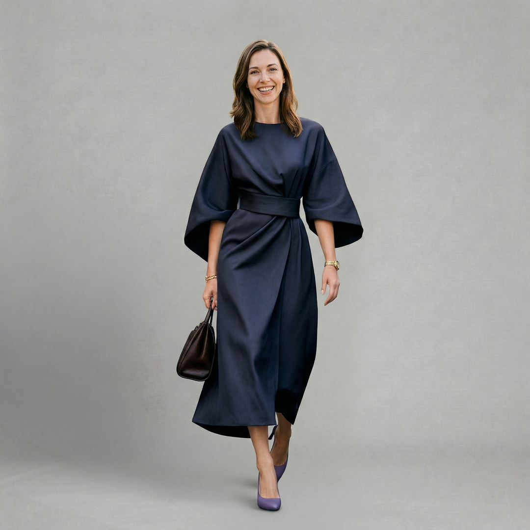 Savannah - Elegant midi dress with statement sleeves and refined silhouette