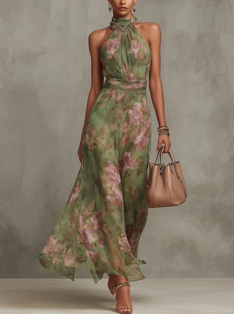 Women's Chiffon Halter Maxi Dress Floral