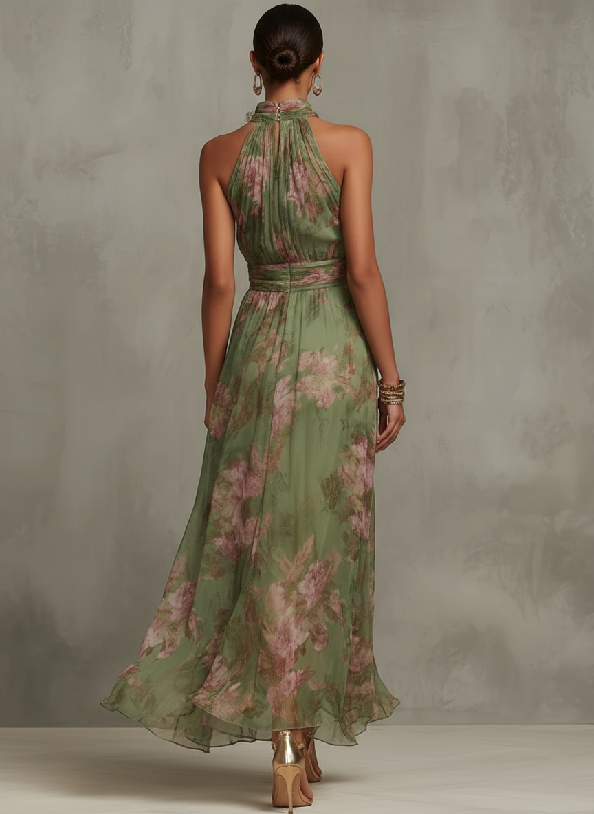 Women's Chiffon Halter Maxi Dress Floral