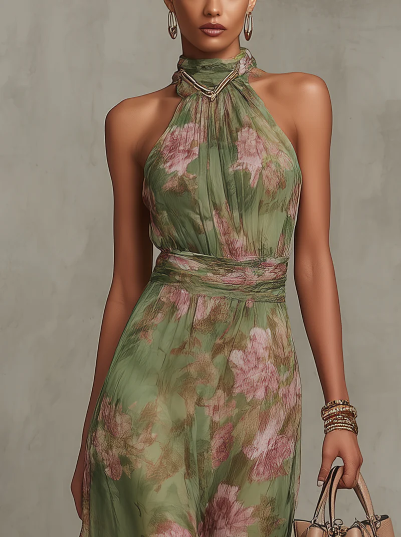 Women's Chiffon Halter Maxi Dress Floral
