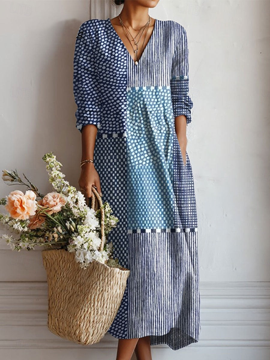 Women's Patchwork Print V-Neck Midi Dress